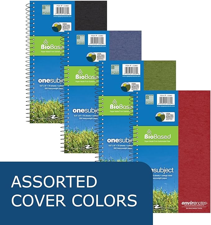 Roaring Spring Environotes Biobased Notebook, USDA Biopreferred, 9.5" x 6", 70 Sheets, Heavyweight 20 lb. recycled paper, College Ruled, Assorted Colors (Case of 24)