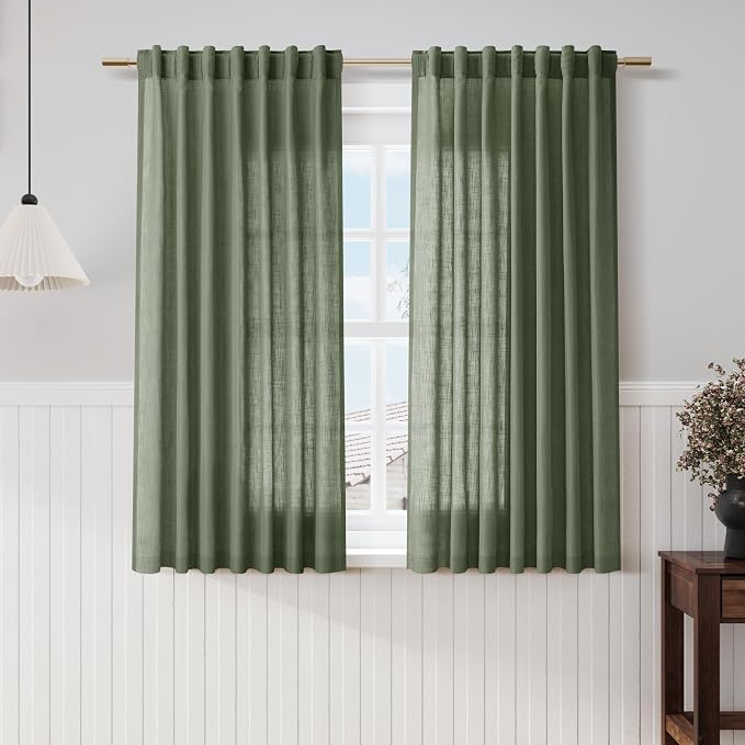 Nanspring Olive Green Linen Sheer Curtains 54 Inch Length 2 Panel Set Back Tab Rod Pocket Semi Sheer Light Filtering Short Curtain Soft Elegant Aesthetic Small Window Drapes for Bathroom 52x54