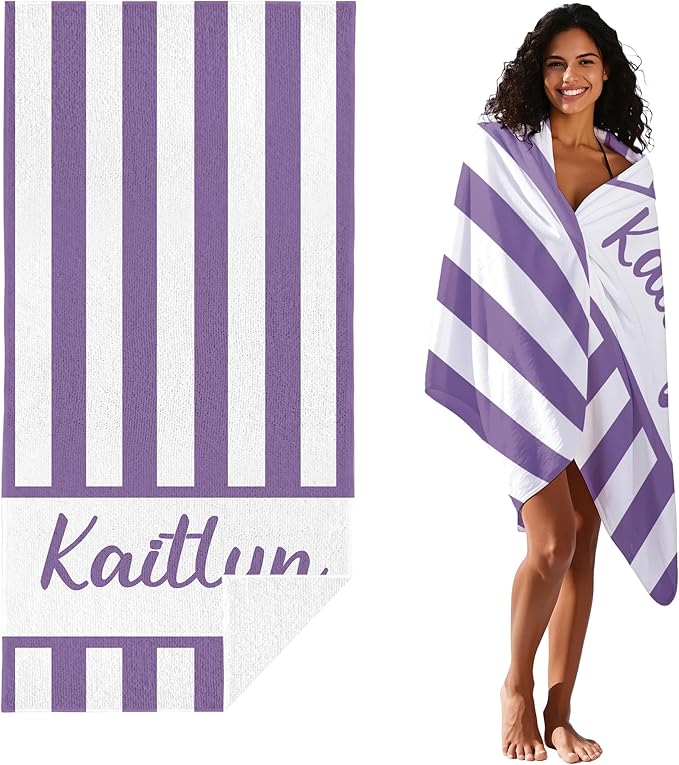 JML Personalized Beach Towel with Name, Custom Cabana Stripe Beach Towel, Customized Microfiber Pool Towel, Quick Dry & Absorbent Swim Towel for Adult,Anniversary, Birthday, Summer Holiday,Vacation