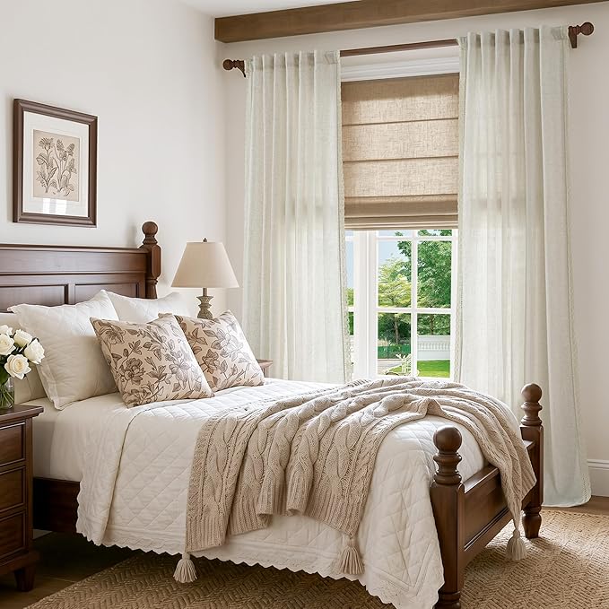 jinchan Linen Curtains for Living Room Bedroom Light Filtering Semi Sheer Curtains Boho Farmhouse French Country Cottage Core Decor Window Drapes Back Tab 108 Inch Length Laced Beige