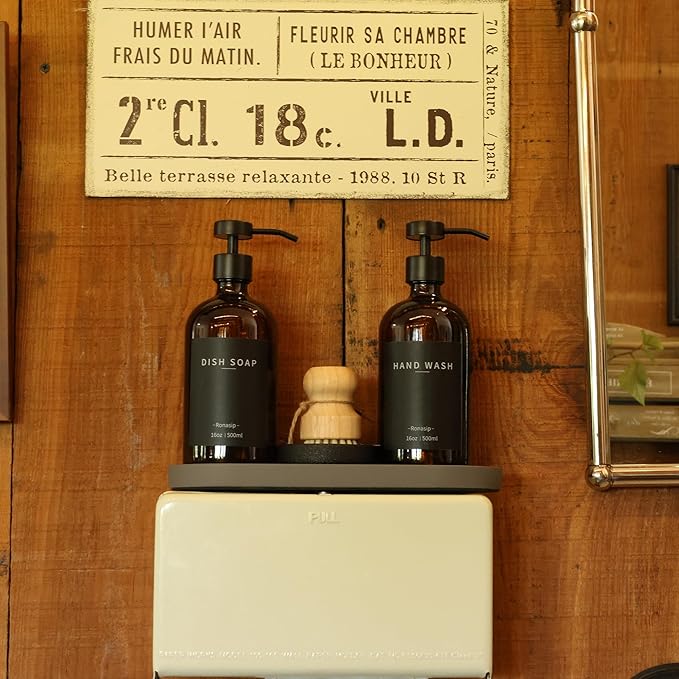 Ronasip Set of 5 Kitchen Soap Dispenser Set 16 Oz Glass Hand Dish Soap Dispenser with Stainless Steel Pump, Cement Tray, Dish Scrub Brush for Farmhouse Rustic Home Bathroom Decor (Brown)