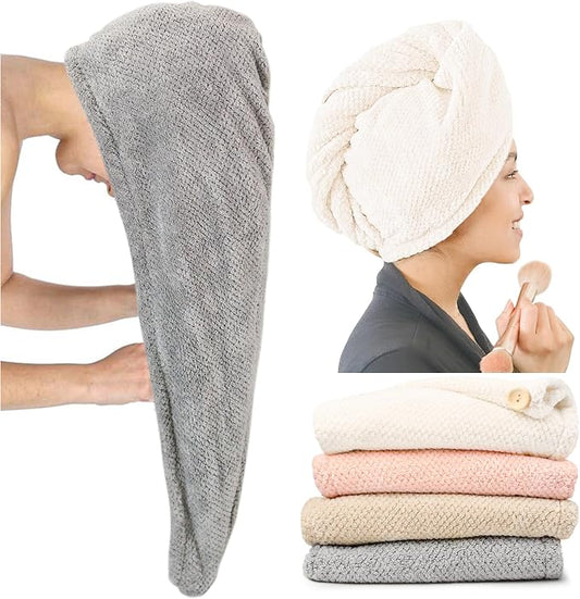 ROLSHOL Extra Large 4 Pack Microfiber Hair Towel Wrap for Women Super Absorbent & Quick Dry Hair Drying Towels with Button, Hair Turbans for Curly Hair Long & Short Hair - Anti-Frizz