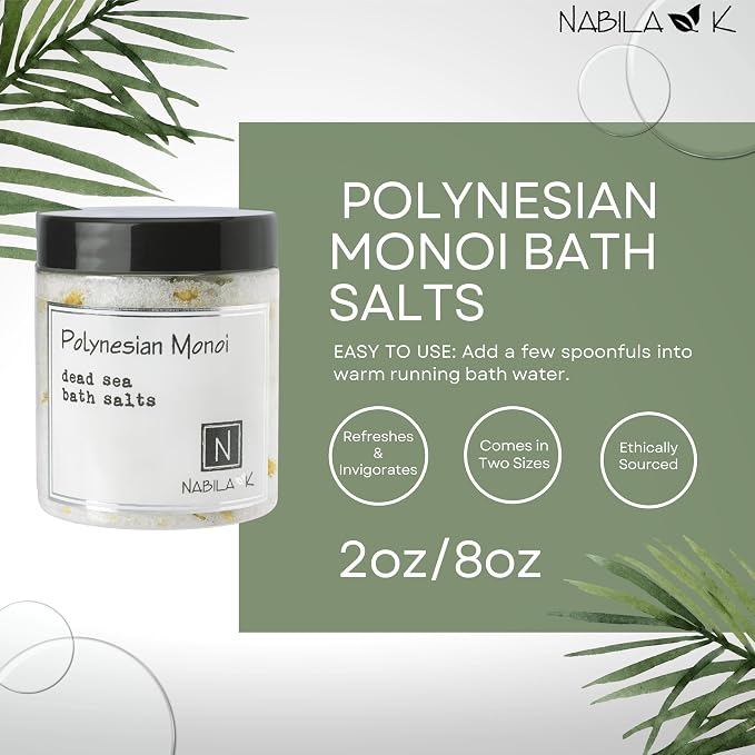 Polynesian Monoi Bath Salts for Women & Men - Dead Sea Salt & Epsom Salt Soak and Scrub - Monoi de Tahiti Oil & Tiare Flower, Cruelty-Free, Sulfate-Free | Travel Size, 2 oz | Nabila K