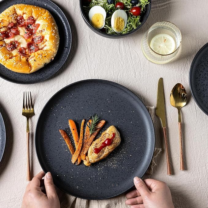 AmorArc Ceramic Dinnerware Sets, Wavy Rim Stoneware Plates and Bowls Sets,Dishwasher & Microwave & Oven Safe Dishes set, Service for 6 (18pc)-Charcoal Matte