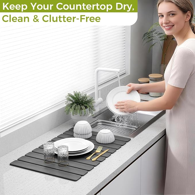 24’’ Larger Stone Drying Mat for Kitchen Counter[Super Absorbent, 30s Quick Drying] Stone Dish Drying Mat Collapsible Drying Matt Kitchen Counter Dish Drying Stone Mat Kitchen Sink Diatomaceous Earth