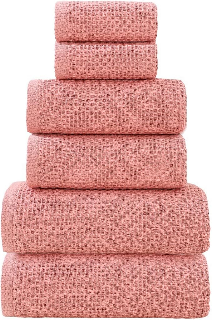 SK Studio 6 Piece Bath Towels Set, Cotton Hotel Large Waffle Bath Towels Absorbent Quick Dry with 2 Bath Towels, 2 Hand Towels, 2 Washcloths for Bathroom Spa, Dark Pink