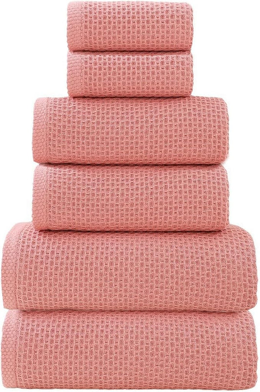 SK Studio 6 Piece Bath Towels Set, Cotton Hotel Large Waffle Bath Towels Absorbent Quick Dry with 2 Bath Towels, 2 Hand Towels, 2 Washcloths for Bathroom Spa, Dark Pink