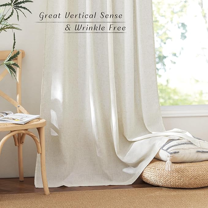NICETOWN Thick Linen Living Room Curtains 2 Panels Set, Back Tab/Rod Pocket with Pleat Tape Privacy Added with Light Filtering Window Treatments for Bedroom, Natural, W52 x L90