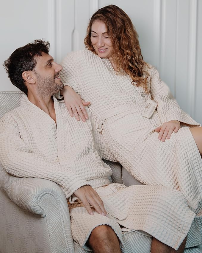 100% Cotton Waffle Kimono Bathrobe for Men & Women, Cozy Leisurewear with Functional Pockets, Comfortable Robe for Relaxation