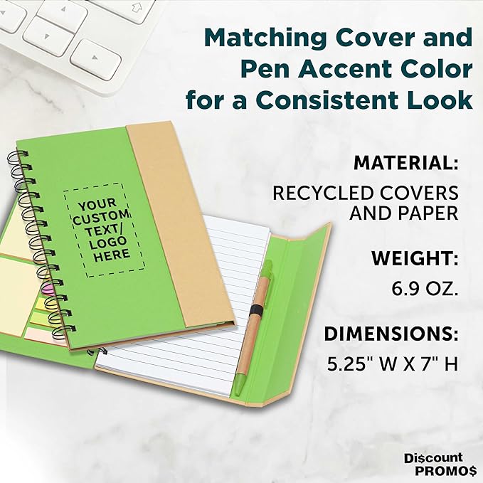 DISCOUNT PROMOS Custom Eco Friendly Spiral Notebooks with Pens Set of 10/50/100, Personalized Bulk Pack - Perfect for School, Office, Home - Green