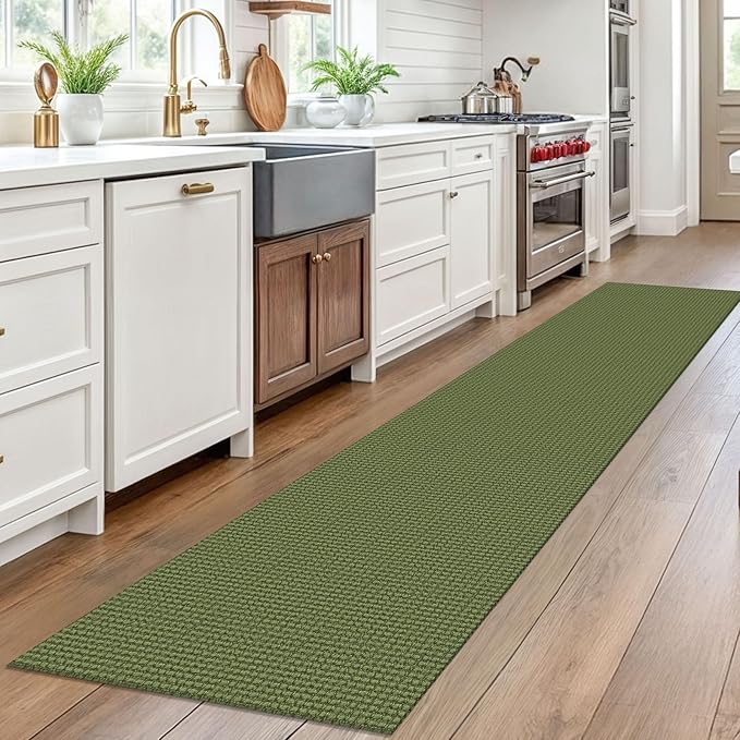EARTHALL Woven Runner Rug 2x10 Ft Washable Runners for Hallways Long Cotton Non Slip Rubber Backed Kitchen Runner Braided Indoor Floor Carpet for Entryway, Hallway, Kitchen, Green