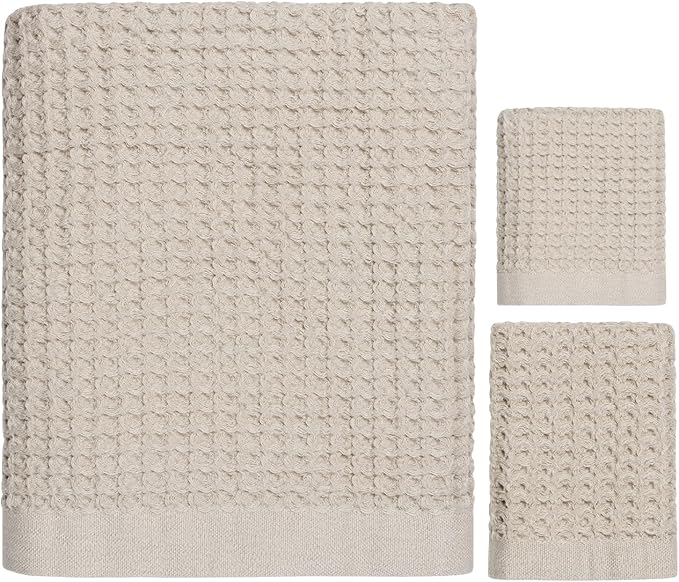 ONSEN Supima® Waffle Bath Towel Set, Quick Dry Lint Free 100% USA Cotton, Bath Hand and Face Towel Bundle, 3 Piece (Oatmeal, Bath Towel Set)