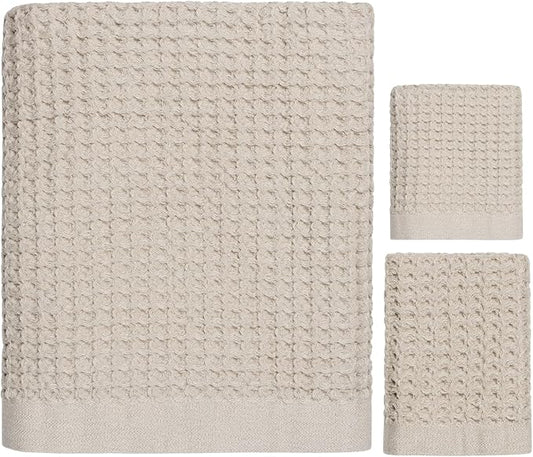 ONSEN Supima® Waffle Bath Towel Set, Quick Dry Lint Free 100% USA Cotton, Bath Hand and Face Towel Bundle, 3 Piece (Oatmeal, Bath Towel Set)