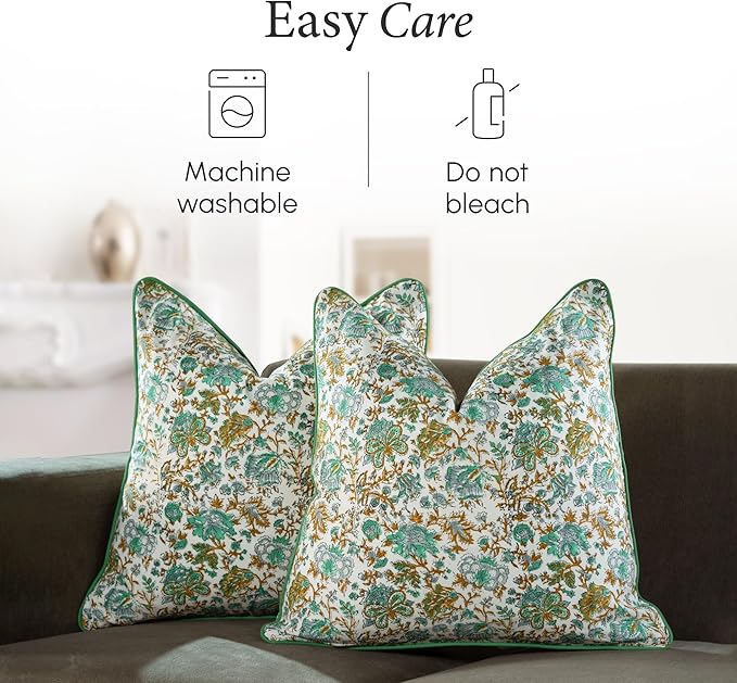 CPC 100% Cotton Throw Pillow Covers 24x24 Inch, Set of 2 Blue Block Print Pattern Couch Pillow, Cute Boho Decorative Pillows for Living Room, Bedroom with Hidden Zipper- Harvest Bloom