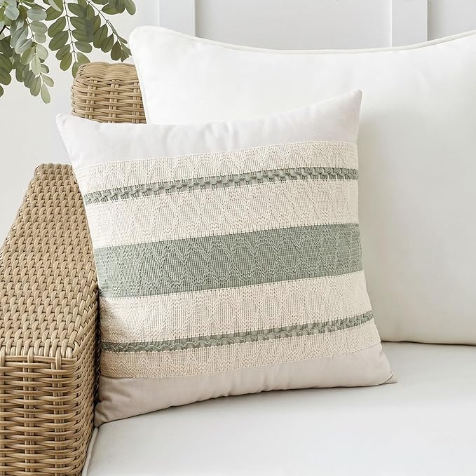 Fancy Homi Set of 2 Sage Green Boho Decorative Throw Pillow Covers 18x18 Inch for Living Room Bedroom Couch Bed Sofa Chair, Rustic Retro Cushion Case 45x45 cm, Bohemian Room Home Decor
