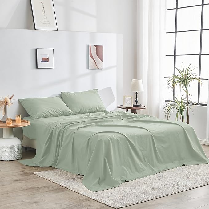 DOZ 100% GOTS Certified Organic Cotton Sheet Set, Crisp Percale Weave, Long Staple, Breathable, Matte Finish, Hotel Style, Durable, 3pc – 2 Pillowcases 1 Fitted (Sage, Queen)