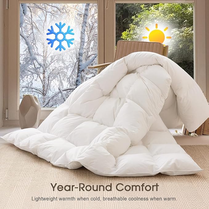 Cobnom® Feather and Down Fibres Comforter Full Size - 100% Organic Cotton, Quill-Free & Ethical, Luxury All Season Duvet Insert (White, 82x86 Inches)