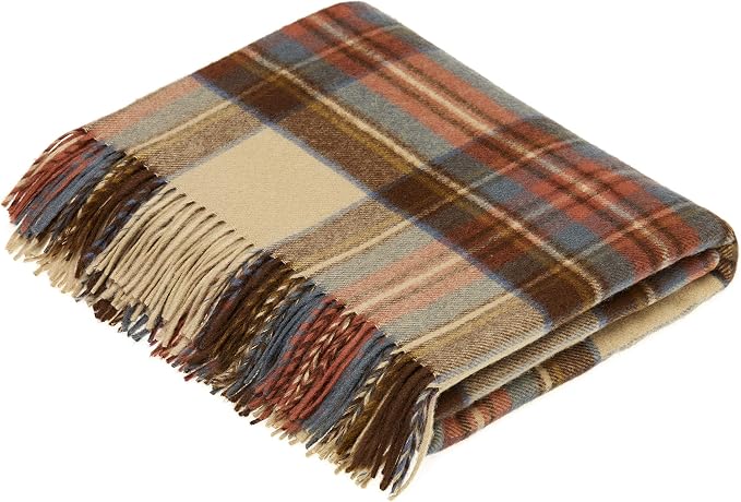 Moon Wool Plaid Throw Blanket, Merino Labmswool, Tartan Antique Dress Stewart, Made in UK