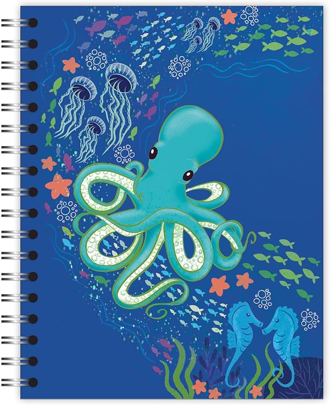 Small Spiral Bound Recycled Notebook, Sealife Design, 9.75" x 7.5", 70 Sheets, Double-Wire, College Ruled, Vegan, Made in USA