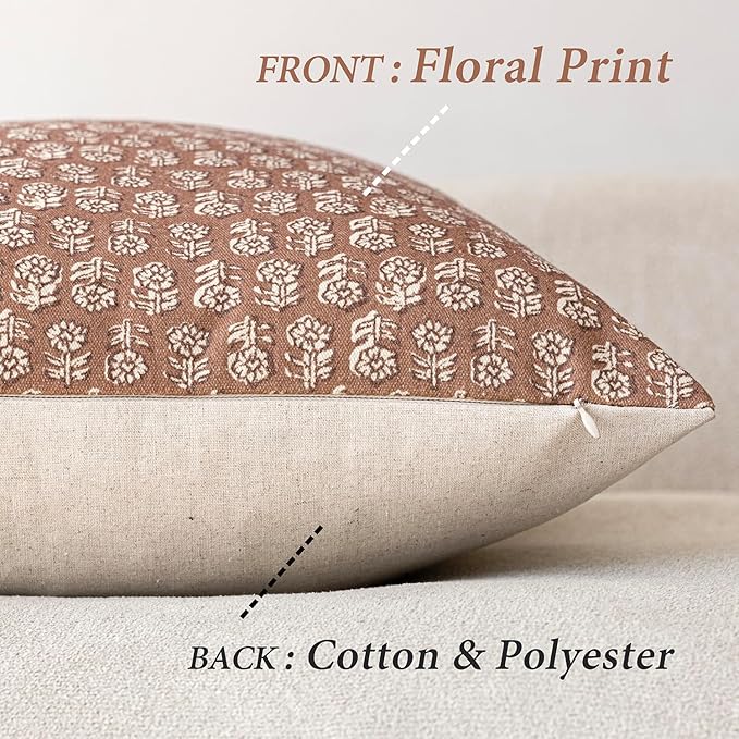 Foindtower Set of 2 Decorative Vintage Floral Print Throw Pillow Covers Neutral Farmhouse Cushion Covers Boho Home Decor for Sofa Couch Chair Bedroom Living Room,20×20 Inch,Light Orange Brown