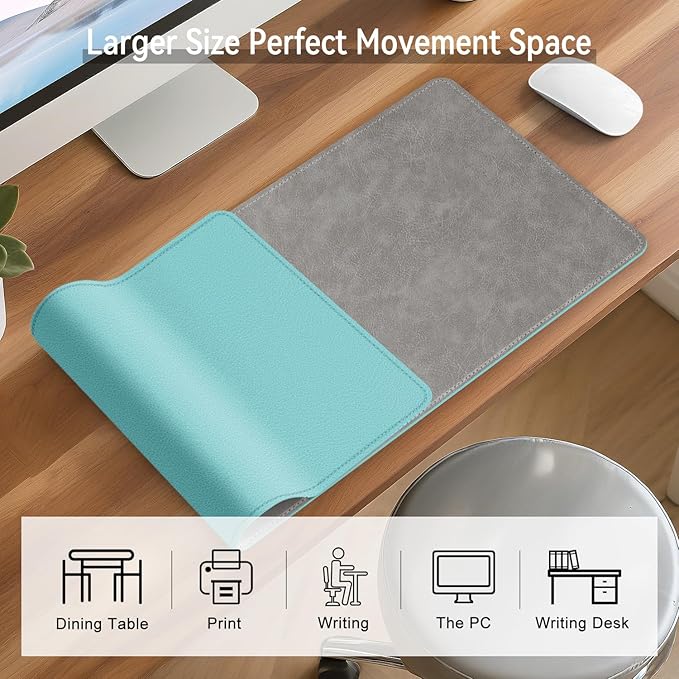 Imitation Crazy Horse Leather Desk Mat - Waterproof Desk Pad - Ideal for Large Mouse Pad and Desk Mats on Top of Desks (Light Gray+Light Blue, 33"*13")