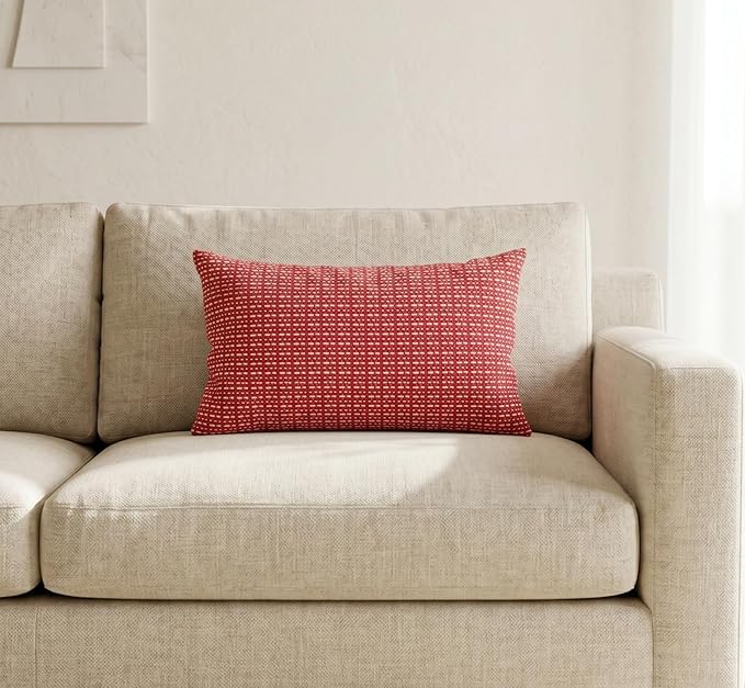 SanVia Cotton Lumbar Pillow Cover 12x20 — Handwoven Jacquard Texture, Fade-Resistant, No Pilling — Hidden Zipper, Decorative Throw Pillow Covers for Couch, Bed — Insert Not Included (Farmhouse, Red)