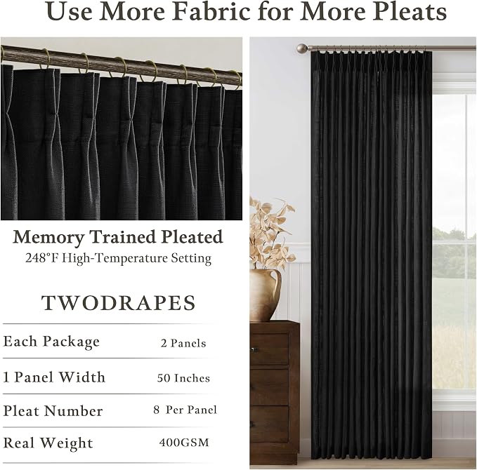 Extra Long Black Linen Curtains 120 Inches Long Modern Neutral Curtain 10 Foot Light Filtering Semi Sheer Back Tab Pinch Pleat Curtain for Tall Ceiling Living Room 2 Panels 50 by 120 Inch Length