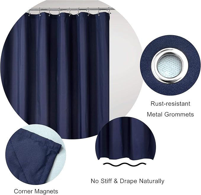 N&Y HOME Ultimate Waterproof Fabric Shower Curtain or Liner with Weighted Magnets, Navy Blue Shower Curtains for Bathroom, TPU Lining & Machine Washable for Hotel, Navy, 72"x72"