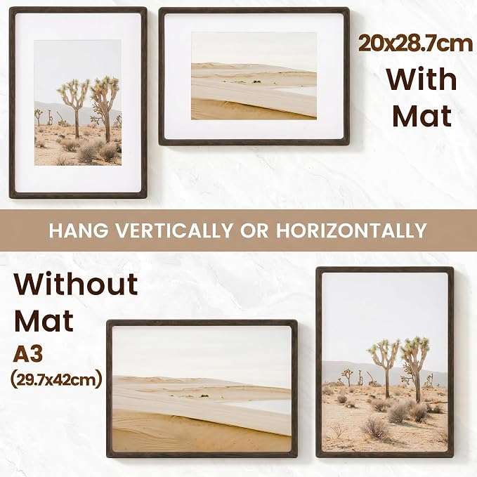 Fun Memories A3 Picture Frame, Natural Solid Wenge Wood Photo Frames with HD Tempered Glass, Handcrafted Rounded Corner A3 Wooden Frame Matted to A4 Photos, Tabletop or Wall Display