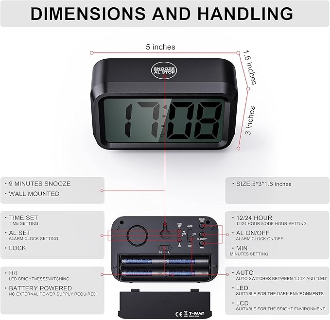Digital Clock Battery Operated with Unique 1.2'' LED / 1.8'' LCD Auto Display, Small Cordless Alarm Clock for Bedroom Wall Travel (Red Display)