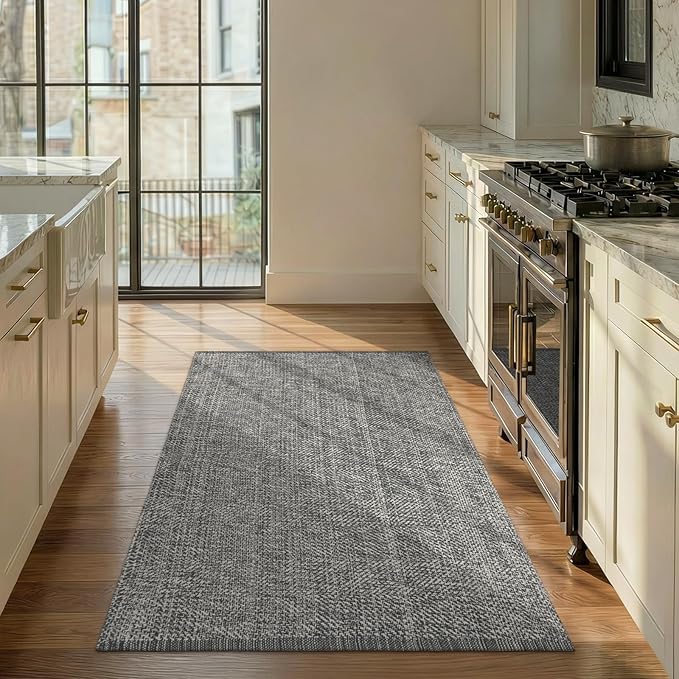 LEEVAN Washable Grey Entryway Rug 3x5, Cotton Woven Kitchen Living Room Rugs, Modern Indoor Door Mat, Farmhouse Laundry Room Rugs Reversible Throw Carpet for Nursery Playroom Entry Bathroom Bedroom