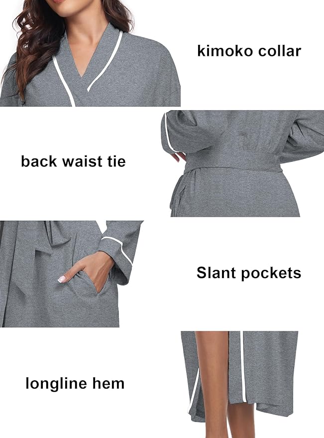 COLORFULLEAF 100% Cotton Women's Robes Summer Lightweight Kimono Soft Long Cotton Bathrobe for Women with Pockets