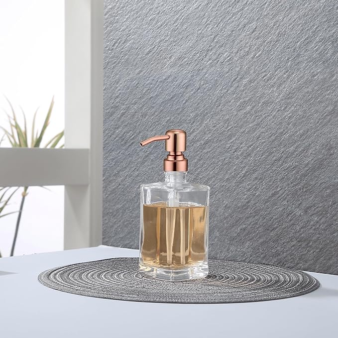 13.5 Oz Clear Glass Soap Dispenser with Rust Proof Stainless Steel Pump, Antique Design Refillable Square Lotion Dispenser for Bathroom, Premium Kitchen Hand Soap (Red Copper)