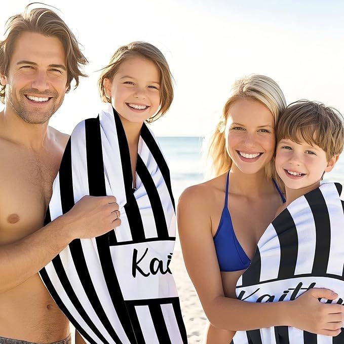 JML Personalized Beach Towel with Name, Custom Cabana Stripe Beach Towel, Customized Microfiber Pool Towel, Quick Dry & Absorbent Swim Towel for Adult,Anniversary, Birthday, Summer Holiday,Vacation