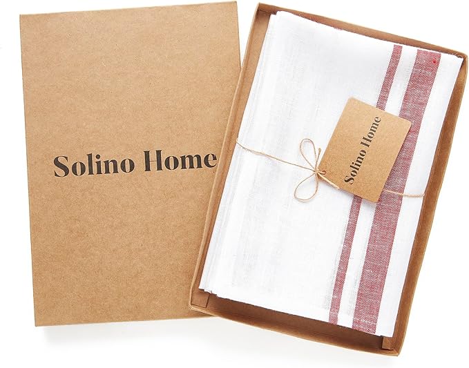 Solino Home French Stripe Linen Napkins Set of 4 - Burgundy and White 100% Pure Linen Cloth Dinner Napkins 20 x 20 Inch