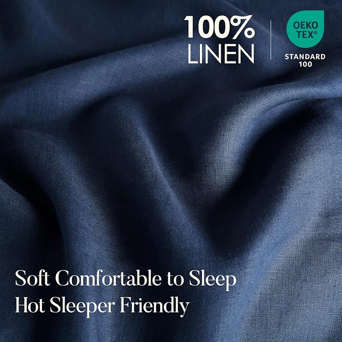 DAPU 100% Linen Duvet Cover Set - Pure Natural French Flax Linen with Corner Ties and Zipper Closure Soft Breathable Durable for Hot Sleepers 1 Duvet Cover 2 Pillowcases (Navy Blue, King)