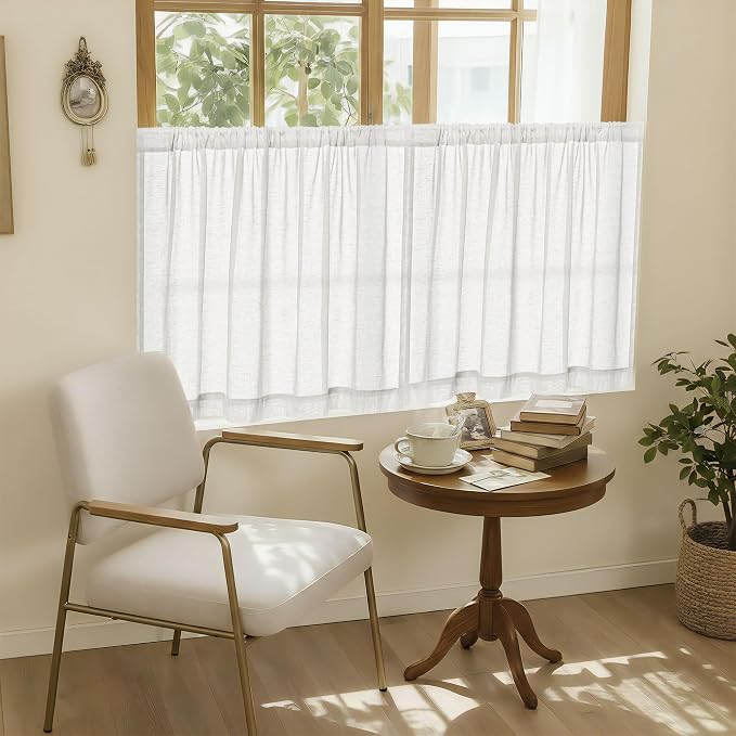 Off White Semi Sheer Linen Kitchen Curtains 24 Inch Length 2 Panels | Ivory, Cafe Short Drapes, for Bathroom RV, Half Window Treatments, Aesthetic Farmhouse, Light Filtering, 50x24 Inches