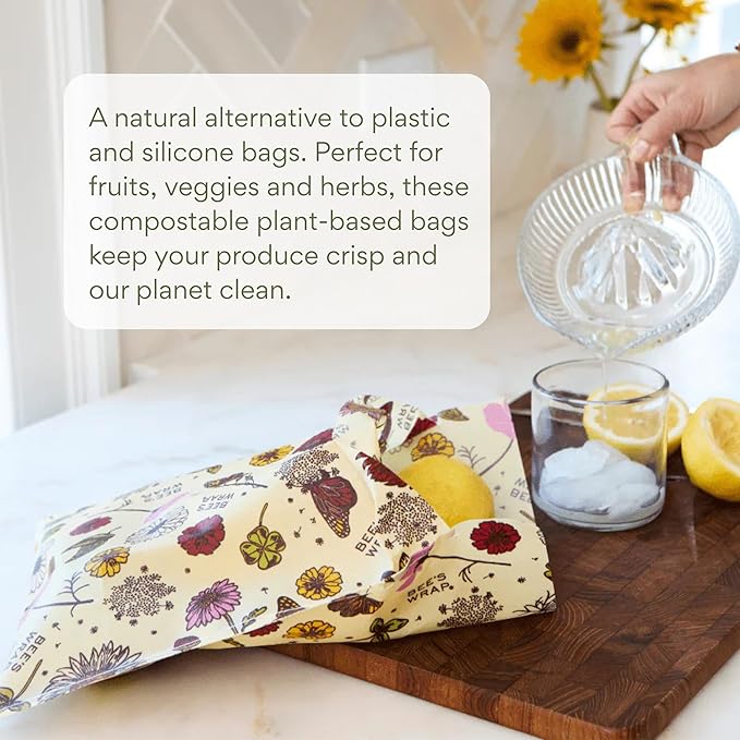 Bee's Wrap Beeswax Wraps for Food - 2 Meadow Magic Produce Bags - Made in USA Reusable & Organic Food Wraps & Reusable Sandwich Bags - Plastic Free Eco-Friendly Alternative to Aluminum Foil