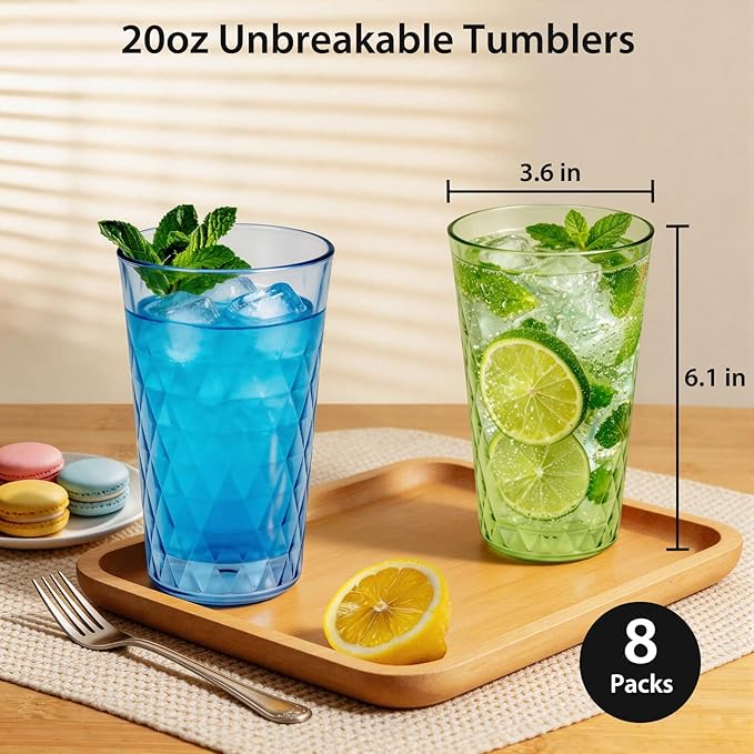 Freshmage 20 oz Unbreakable Drinking Glasses (Set of 8), Jewel Tone Colored Reusable Tumblers, BPA Free Plastic Drinking Cups for Home, Outdoor, Picnic, Pool, Stackable, Microwave Safe
