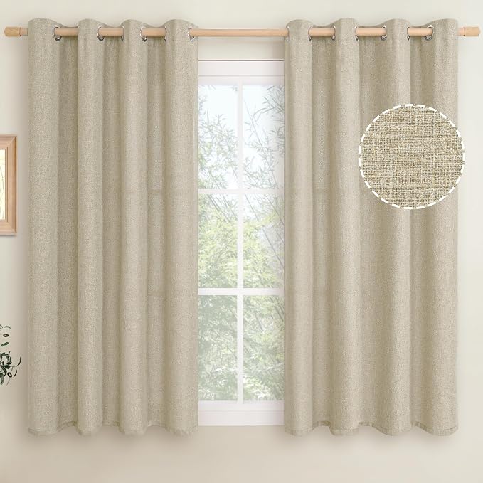 LAMIT Natural Linen Curtains 45 inch Length 2 Panels, Linen Textured Thermal Insulated Bedroom Curtains Grommet Privacy Burlap Boho Drapes for Living Room/Farmhouse, W52 x L45, Camel