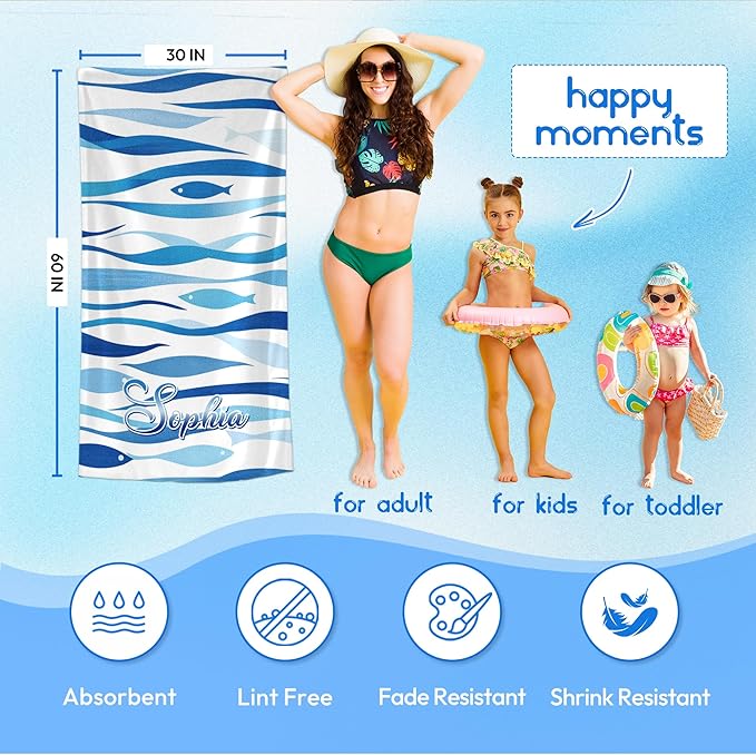 JML Custom Beach Towel with Name, Personalized Microfiber Beach Towel with Name, Large, Soft, Quick Dry & Absorbent for Swim, Pool,Adult,Summer Holiday,Vacation,Travel,Gift for Anniversary, Birthday