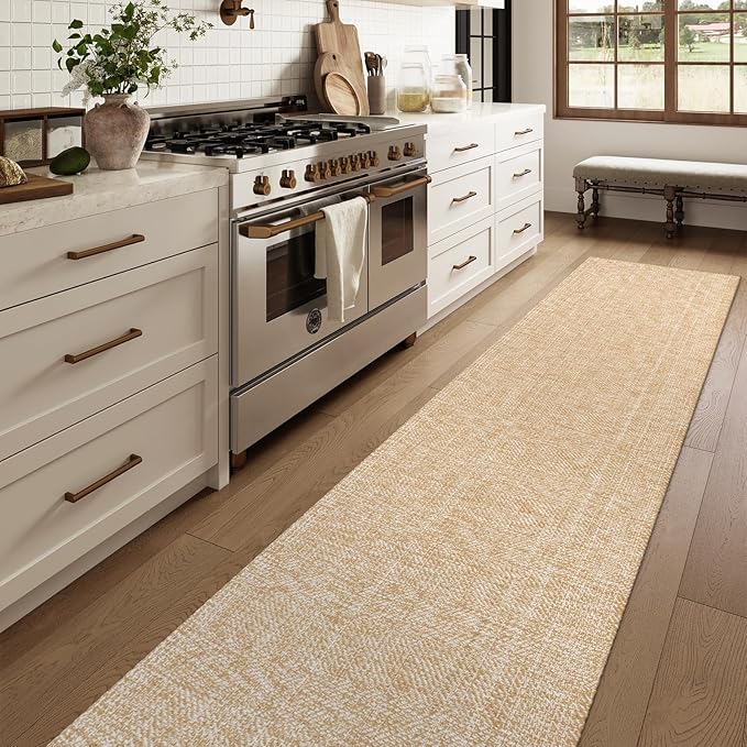 LEEVAN Hallway Runner Rug 12 ft, Cotton Woven Washable Runner Rugs, Tan Braided Low Pile Kitchen Runners Rug, Modern Bathroom Rugs Long Front Door Floor Carpet for Classroom/Bedroom/Doorway