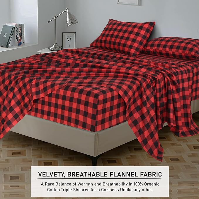 RUVANTI Flannel Sheets King Size - 100% Cotton Double Brushed King Size Sheets Set - Deep Pockets 16 Inches Bed Sheets - All Seasons Breathable & Extra Soft - Warm & Cozy, 4 Piece, Red & Black Plaid