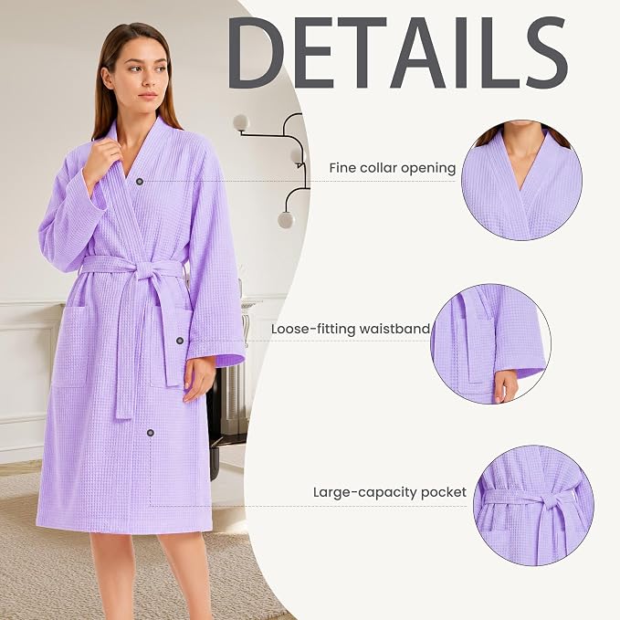 Lightweight Waffle Robe - Soft Cotton Bathrobe Spa Bathrobe for Daily Wear Home & Hotel