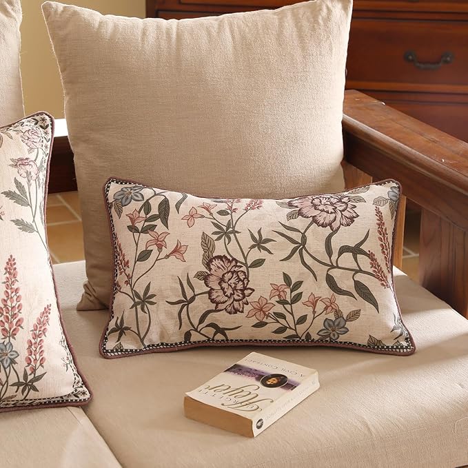 ISAENNE Design Linen Vintage Throw Pillow Covers 12"x20" Pack of 2, Rectangle Cushion Covers with Blue Pink Flowers Green Leaves Pattern Decoration Pillowcases for Bed,Living Room,Outdoor,Car