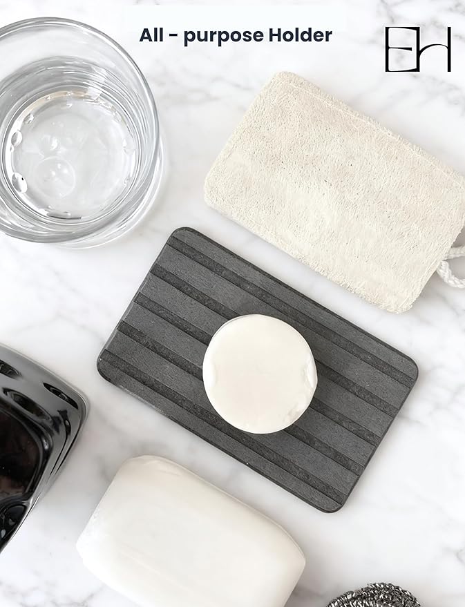 Kitchen Soap Tray - Stone Soap Dish for Bathroom, Water Absorbing Stone Tray for Sink, Natural Diatomite Coaster for Vanity Counter Top Décor (Rectangle, Gray)