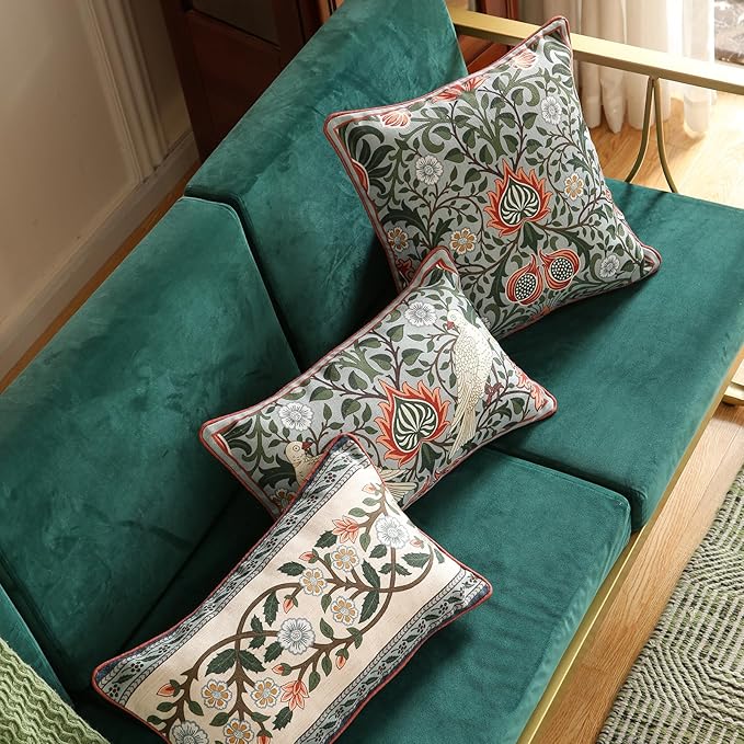 ISAENNE Design Lumbar Retro Elegant Linen Throw Pillow Covers 12"x20" Pack of 2, Blue Gray Floral Vine Pattern Cushion Covers Decor Rectangle Pillowcases for Bed,Living Room,Outdoor,Car