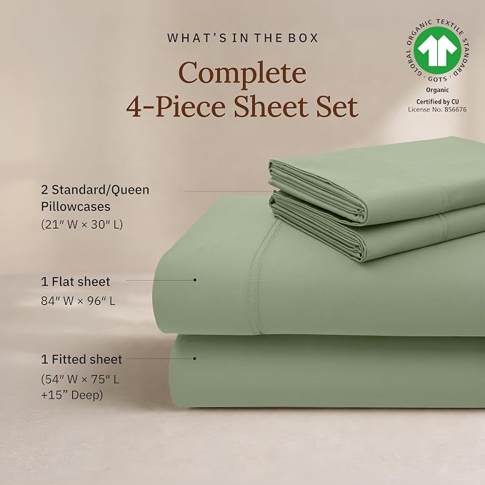 California Design Den Full Size Sheet Sets - 100% Organic Cotton, Soft and Lightweight Sateen, Deep Pocket Organic Sheets Full, Durable Bedding - Pale Green