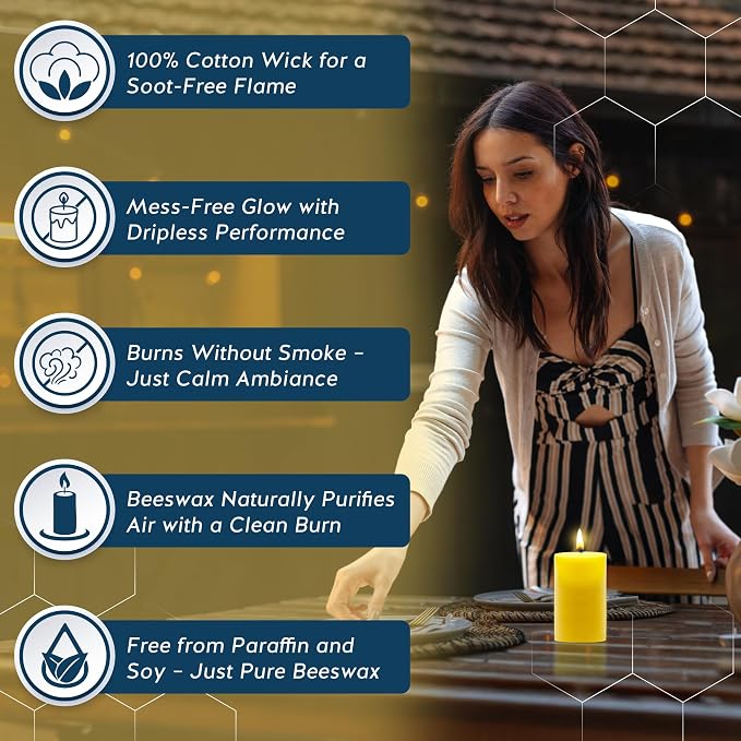 100% Pure Beeswax Candle – Long Lasting Burn – Non-Toxic & Hypoallergenic – Natural Honey Aroma – Handcrafted – Sustainably Sourced – Alternative Imagination – 3x6 Inch – Natural Yellow