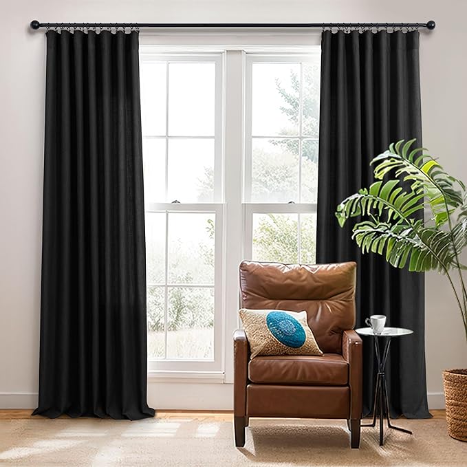 Black Linen Curtains 84 Inch Length for Living Room 2 Panel Back Tab Pocket Muslin Light Filtering Semi Privacy Thick Sheer Floor Length Curtain for Mens Bedroom Man Cave Modern Farmhouse Gothic Decor